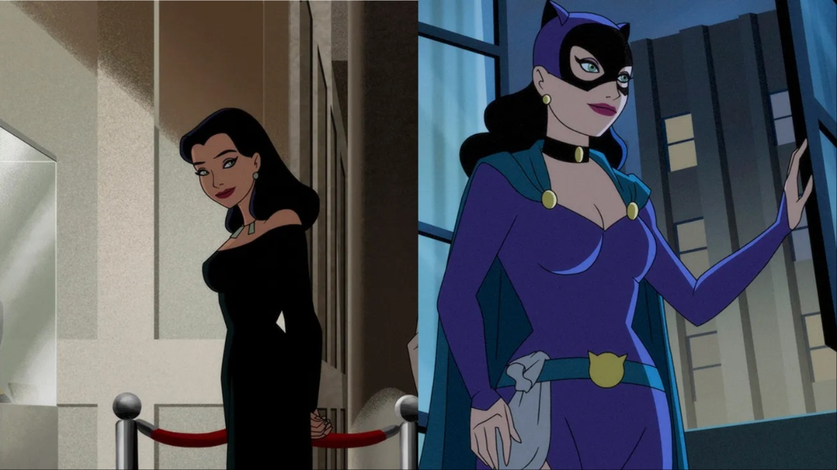 (L-R) Selina Kyle wears a dress, Catwoman in uniform facing a window.