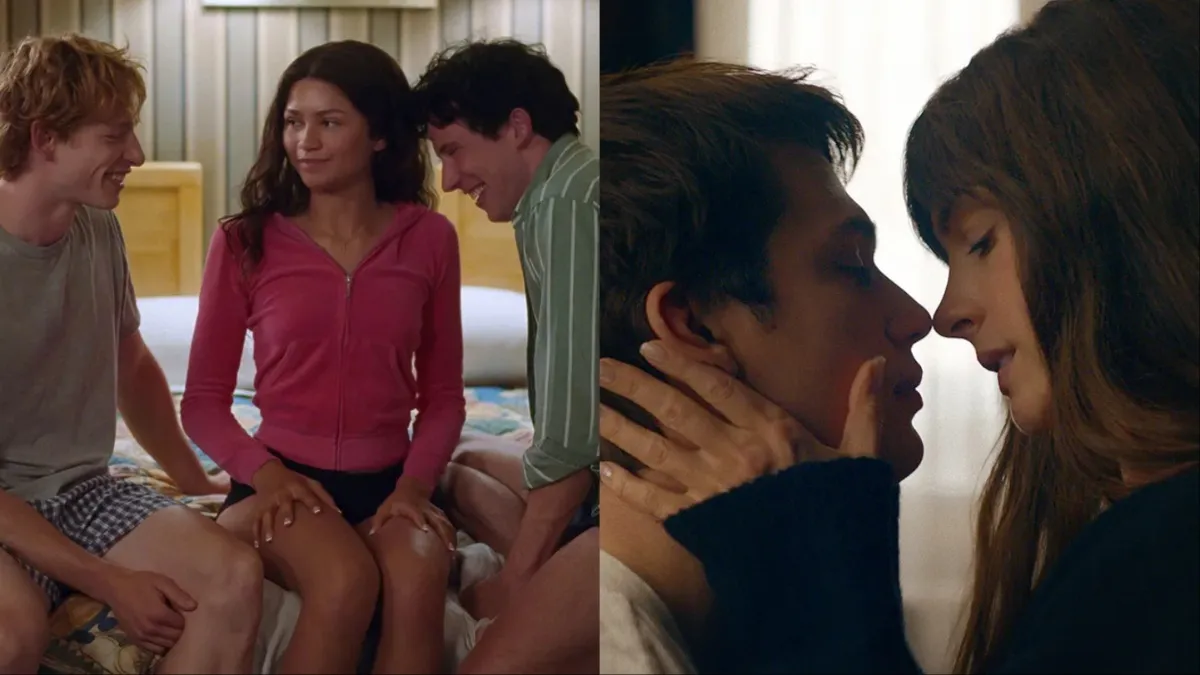 (L-R) Mike Faist, Zendaya, and Josh O'Connor sit on a bed in 'Challengers'. R: Nicholas Galitzine and Anne Hathaway almost kiss in 'The Idea of You'.