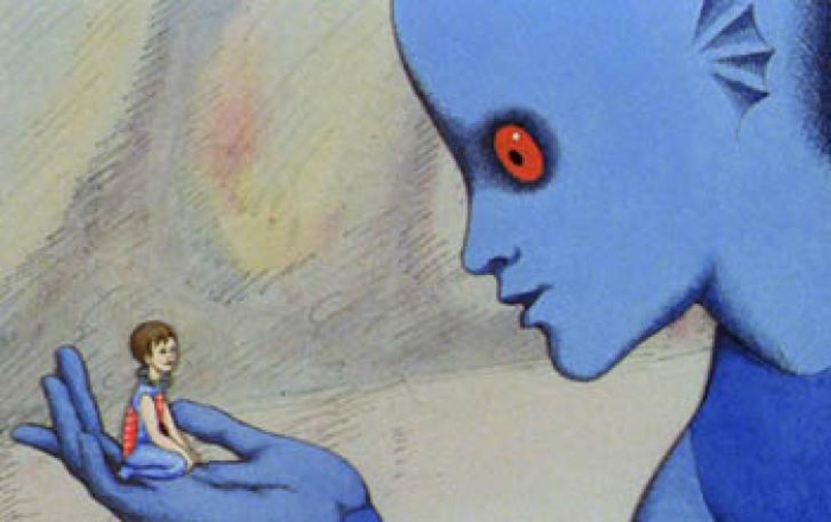 A giant blue humanoid alien holds a human in its hand in "Fantastic Planet" 