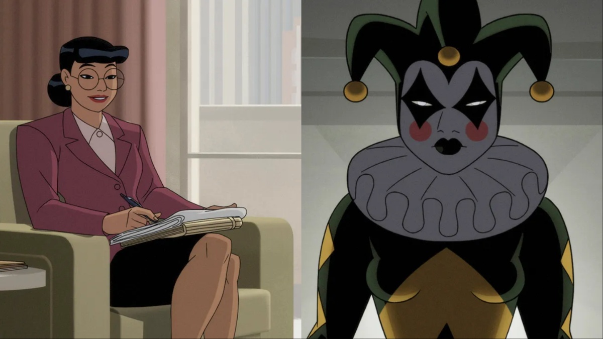 (L-R) Dr. Harleen Quinzel sits in an office chair. Harley Quinn looks scary in a new green and yellow suit.