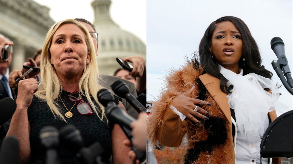 (L-R) Marjorie Taylor Greene frowns at a podium, Jasmine Crockett speaks to a crowd while wearing a fur coat.