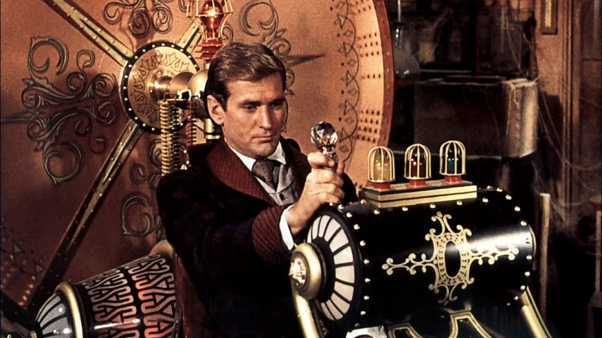 A scientist prepares to pull a lever on a retro Time Machine in "The Time Machine" 