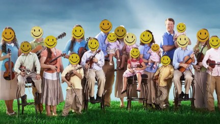 The Duggar family with smiley faces over them in Shiny Happy People
