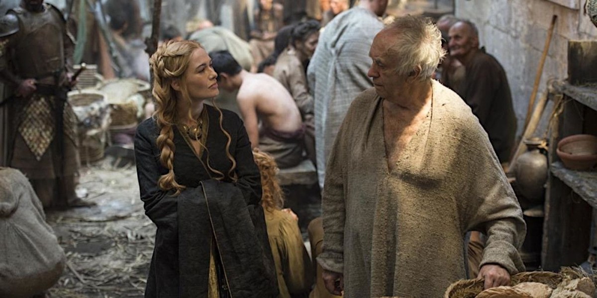 Cersei and the High Sparrow walk through the slum of Flea Bottom