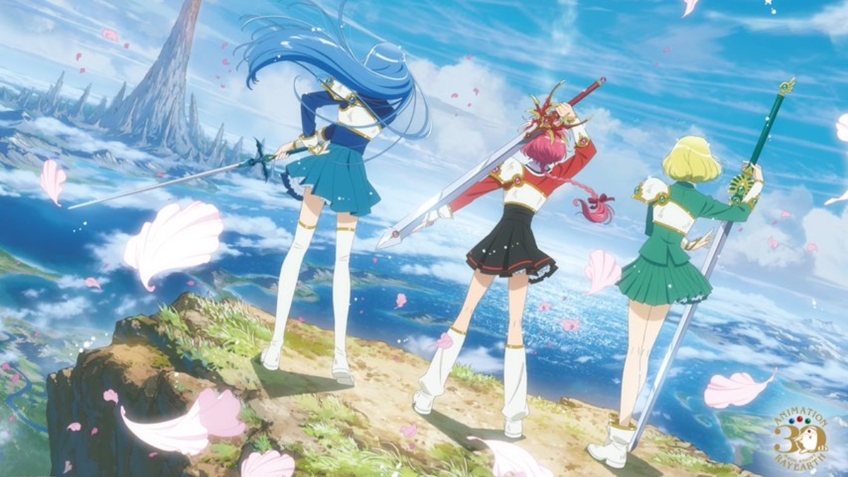 A promo image for Magic Knight Rayearth featuring three girls wielding giant swords.