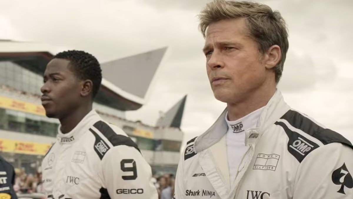 Damon Idris and Brad Pitt in a still from 'F1 before Miami Vice kicks off.