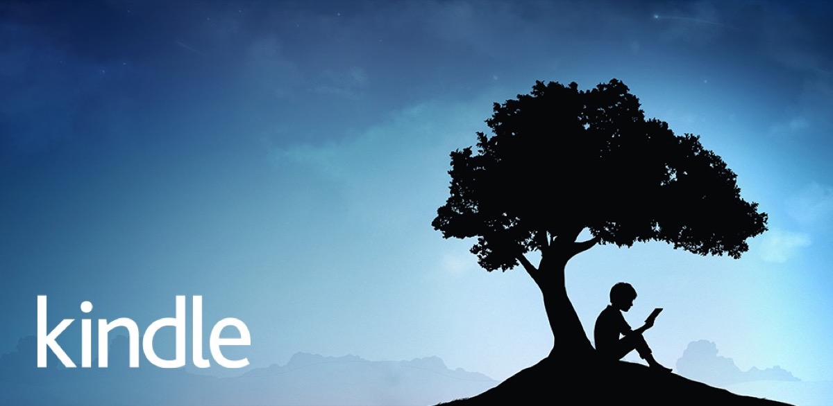 Uma foto do logotipo do aplicativo Kindle mostrando um menino lendo um livro debaixo de uma árvore.