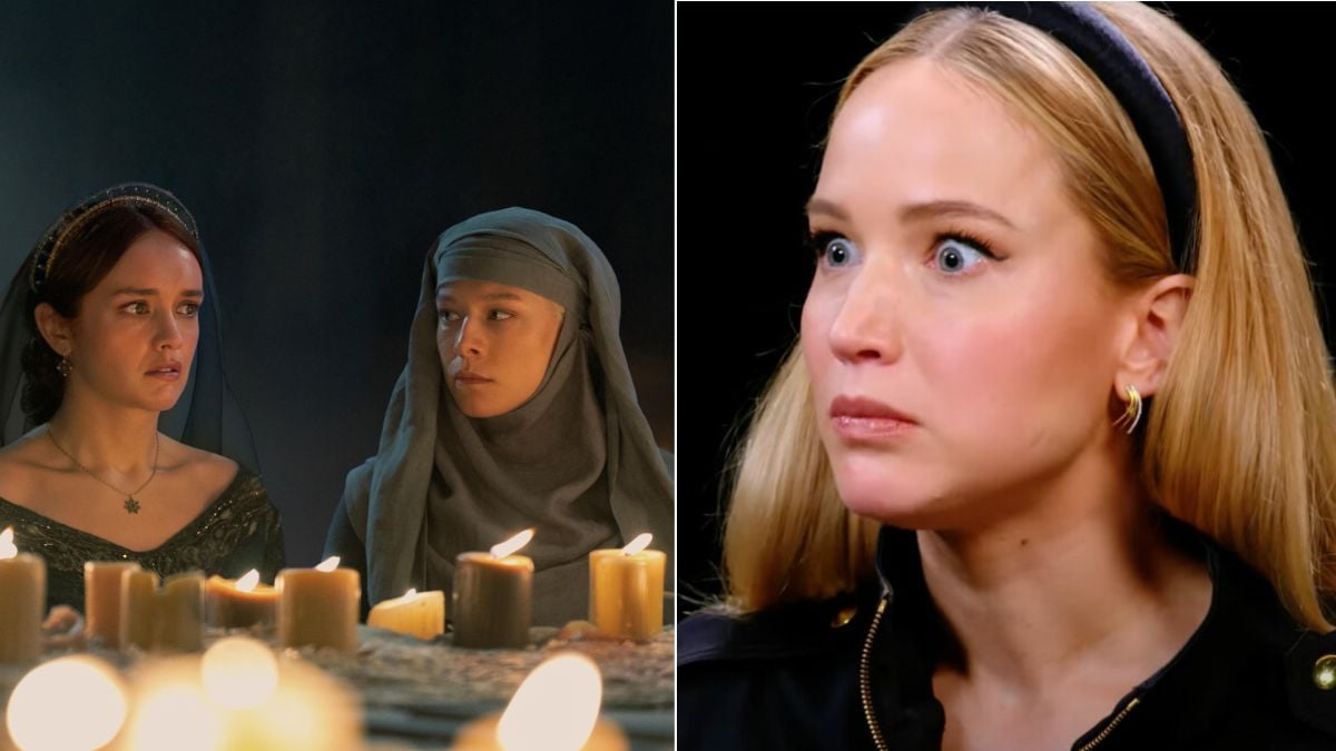 Left: Olivia Cooke as Alicent Hightower and Emma D'arcy as Rhaenyra Targaryen in House of The Dragon Right: Jennifer Lawrence is shocked in a shot from Hot Ones