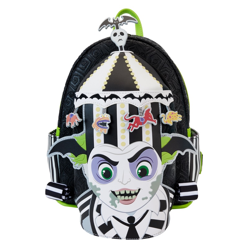 A backpack featuring Beetlejuice wearing his carousel hat.