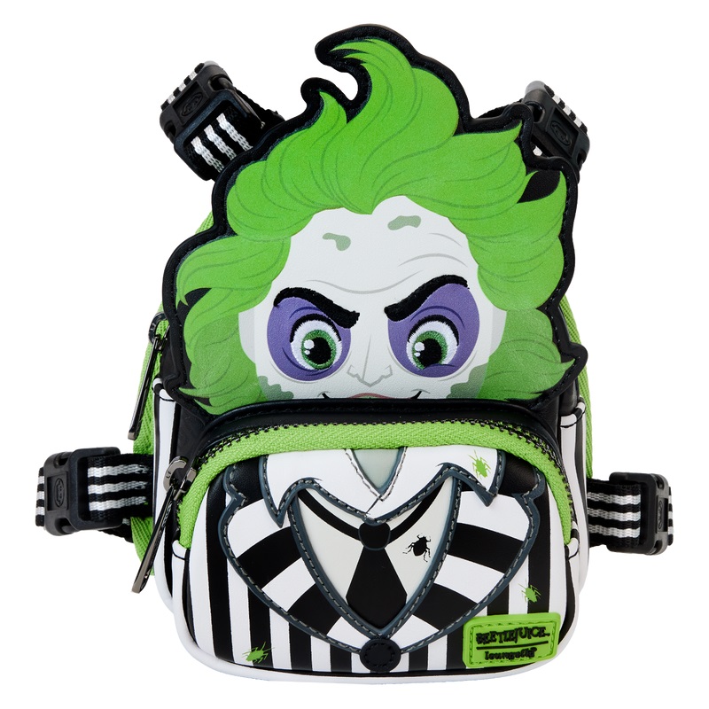A dog backpack and harness featuring Beetlejuice in his white and black stripped suit.