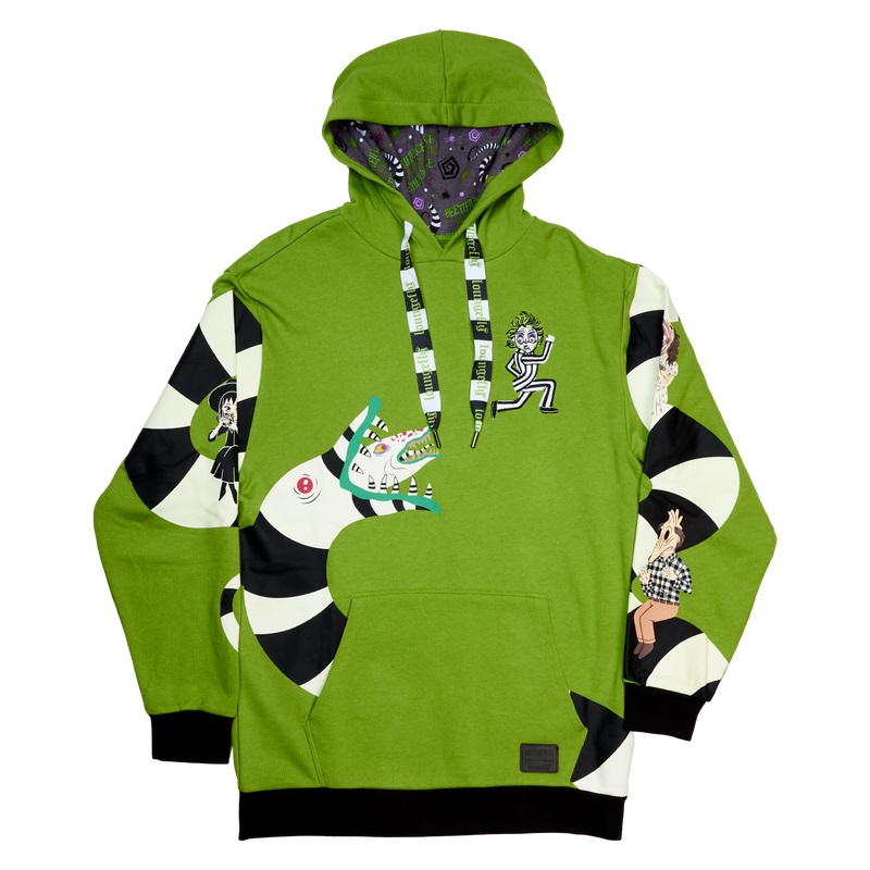 A green hoodie featuring Beetlejuice characters and the Sandworm.