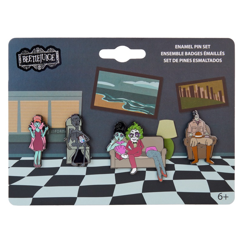 An enamel pin set of Beetlejuice and other characters in the Neitherworld waiting room.