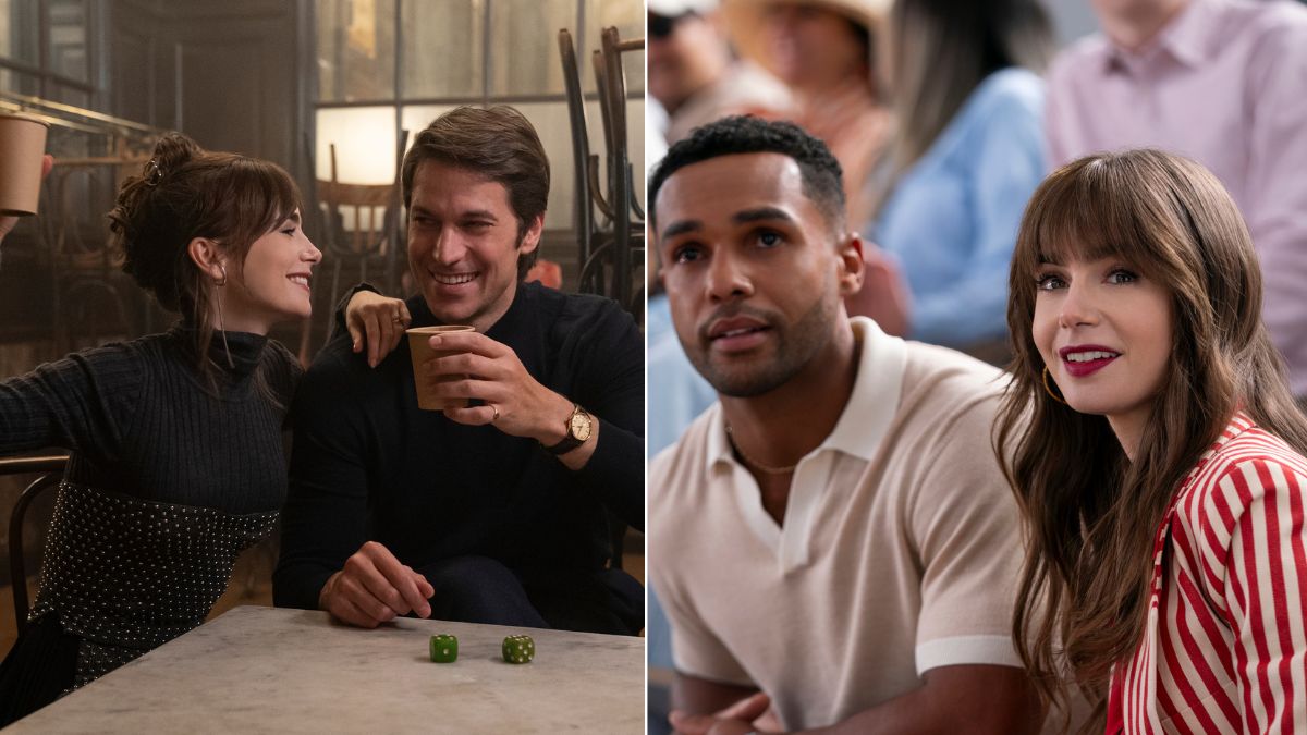 Left: Emily and Gabriel drink coffee. Right: Alfie and Emily watch a tennis game at Roland Garros in Emily in Paris season 4