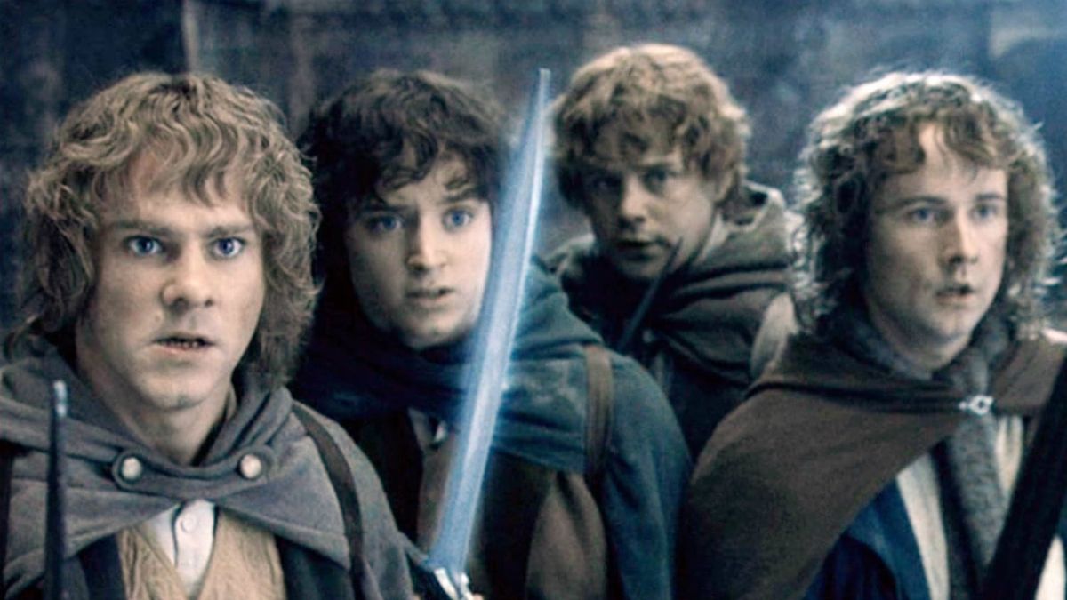 Merry, Frodo, Sam, and Pippin in The fellowship of the ring