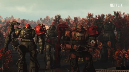 A group of giant robots stand ready for battle in 