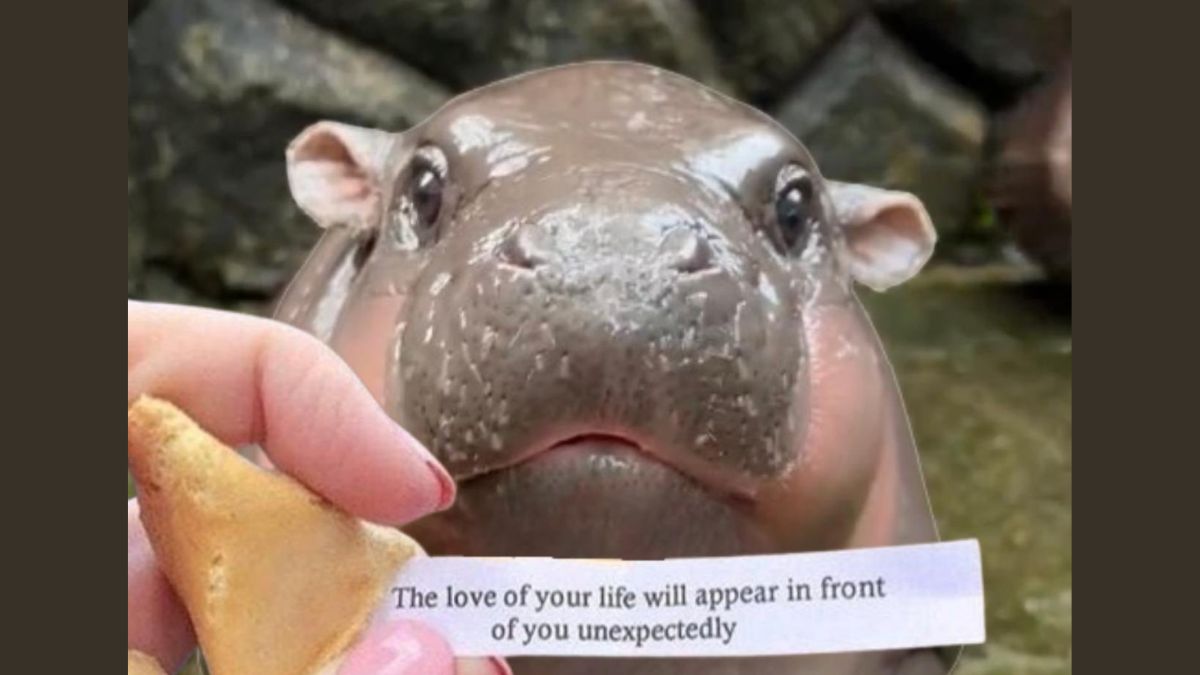 Moo Deng with a fortune cookie that says "the love of your life will appear right in front of you"