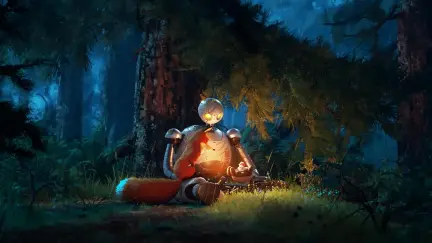 A robot sits by a campfire in the woods in 