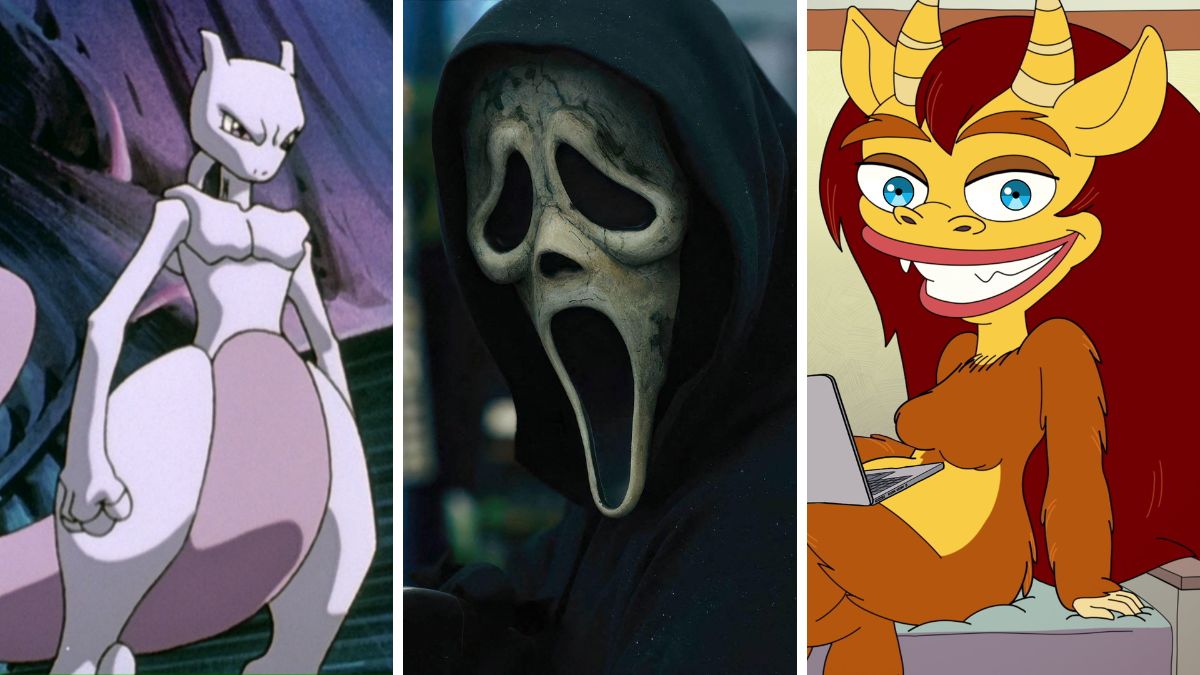 A collage image featuring Mewtew from Pokemon, Ghostface from Scream, and Connie from Big Mouth.