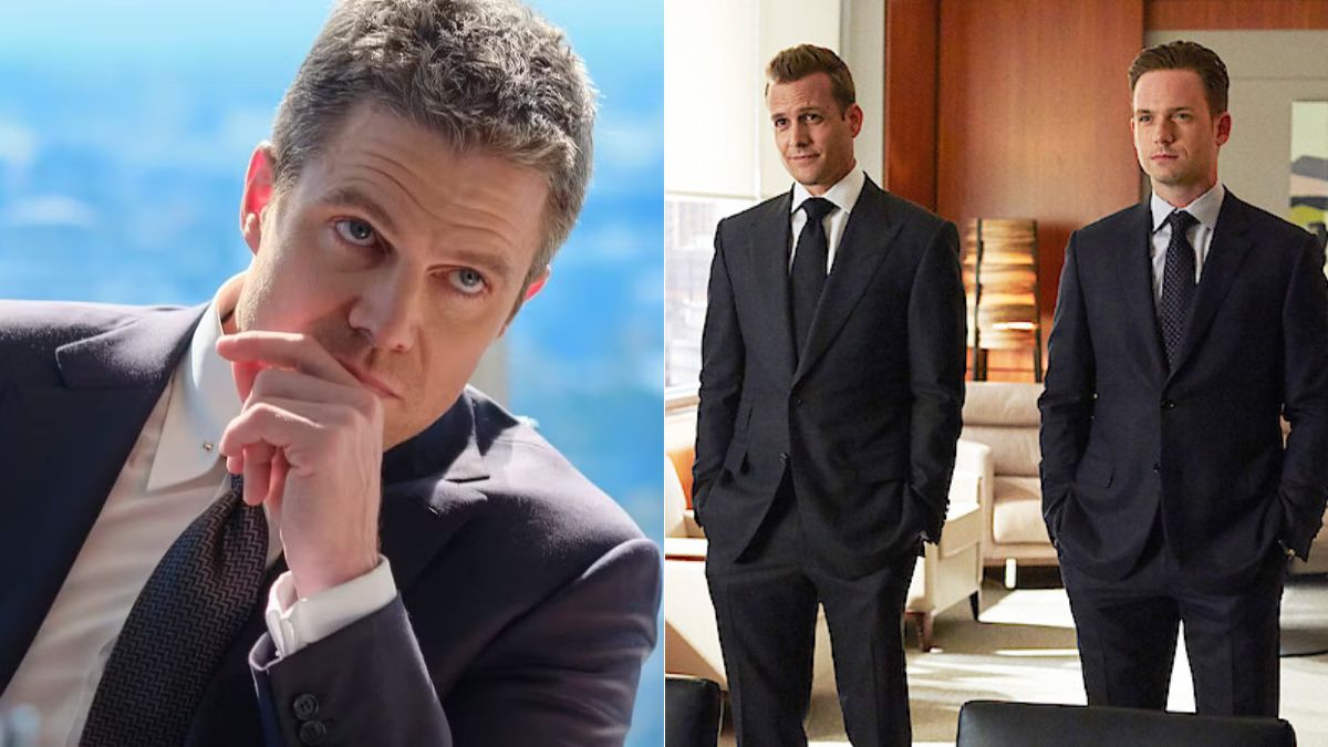 Left: Stephen Amell as Ted Black in Suits LA. Right: Gabriel Macht as Harvey Specter and Patrick J. Adams as Mike Ross in Suits