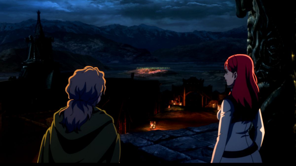 Anime; Two women stand outside in the night overlooking a battle scene