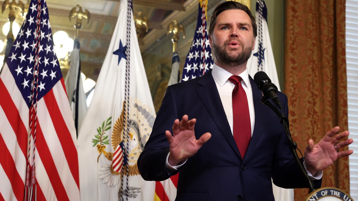 J. D. Vance speaks during the swearing-in ceremony for Marco Rubio