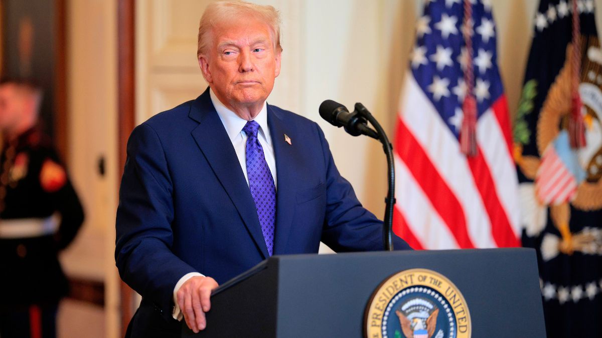 WASHINGTON, DC - JANUARY 29: U.S. President Donald Trump delivers remarks before signing the Laken Riley Act, the first piece of legislation passed during his second term in office, in the East Room of the White House on January 29, 2025 in Washington, DC. Jason Riley and Allyson Philips, the parents of 22-year-old Laken Riley, a University of Georgia nursing student who was murdered in 2024 by an undocumented immigrant, attended the signing ceremony. Among other measures, the law directs law enforcement authorities to detain and deport immigrants who are accused but not yet convicted of specific crimes, if they are in the country illegally. (Photo by Chip Somodevilla/Getty Images)