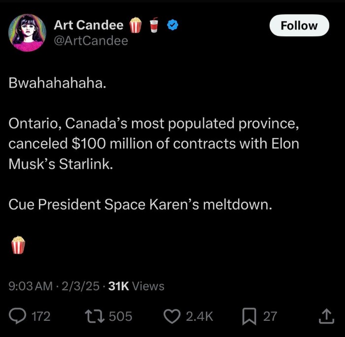 X post by Art Candee about Elon Musk's Starlink contract with Canada