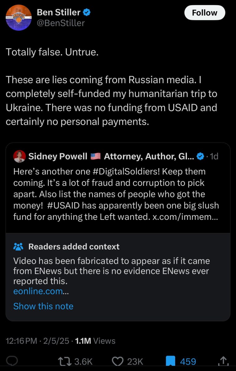 Ben Stiller X post confirming USAID didn't pay for his Ukraine trip