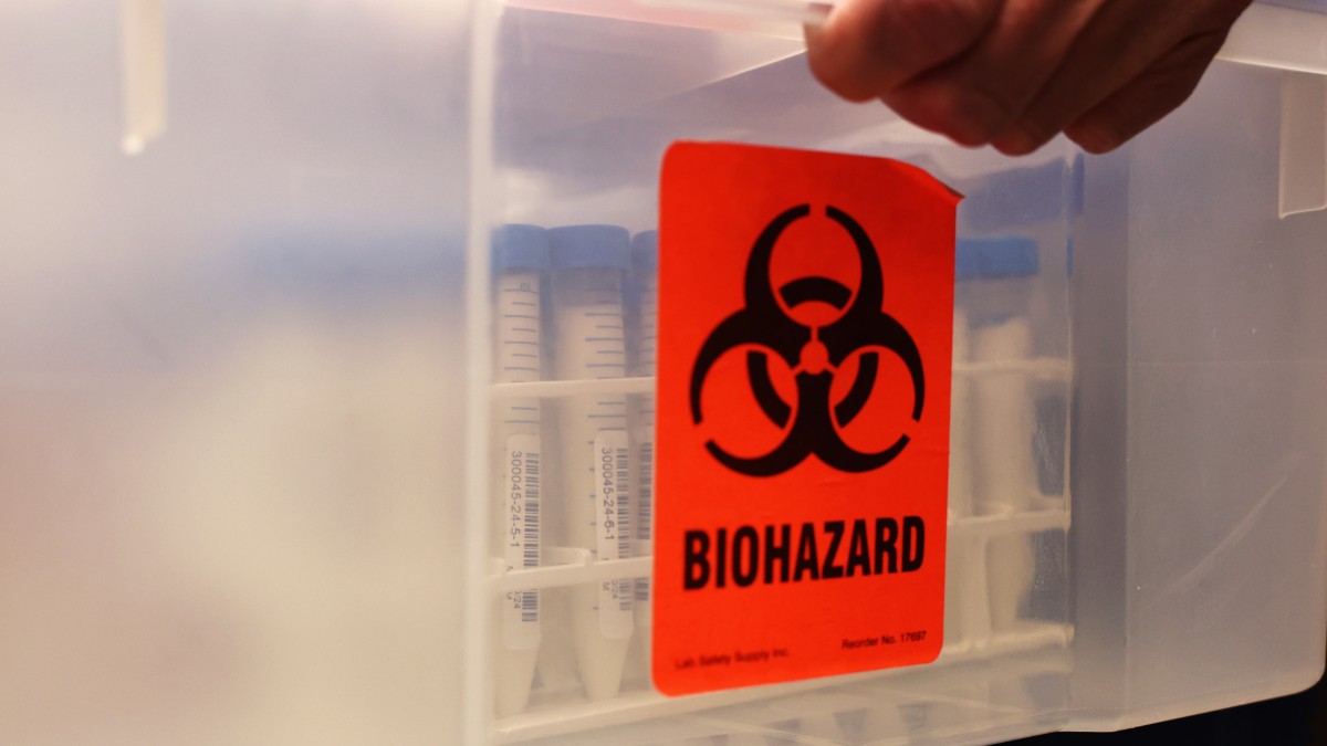 Test tubes with milk are held in a biohazard container for testing for bird flu