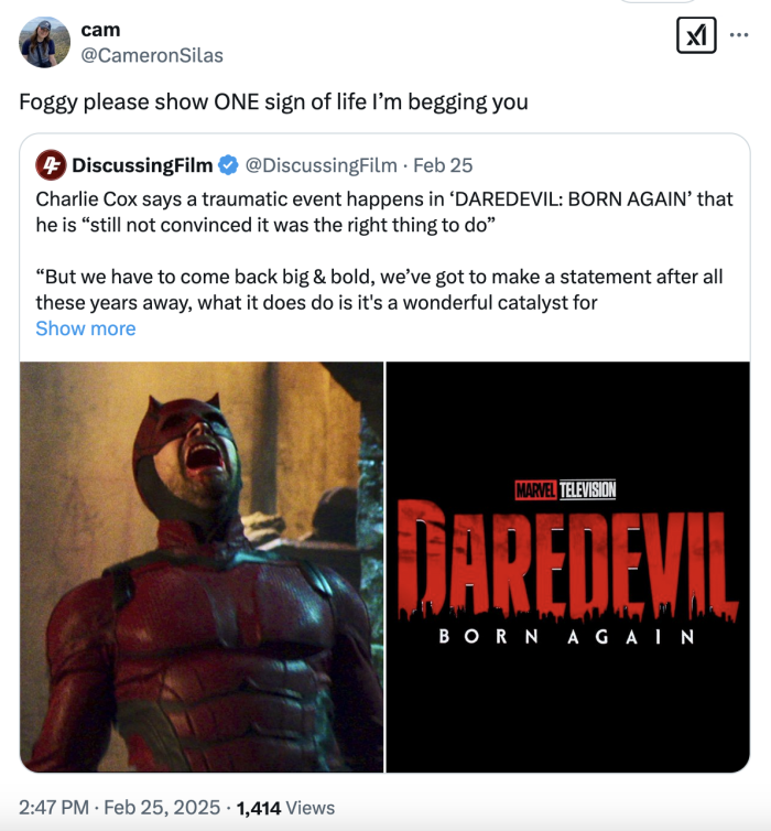 A tweet worrying about Froggy's fate in 'Daredevil: Born Again'
