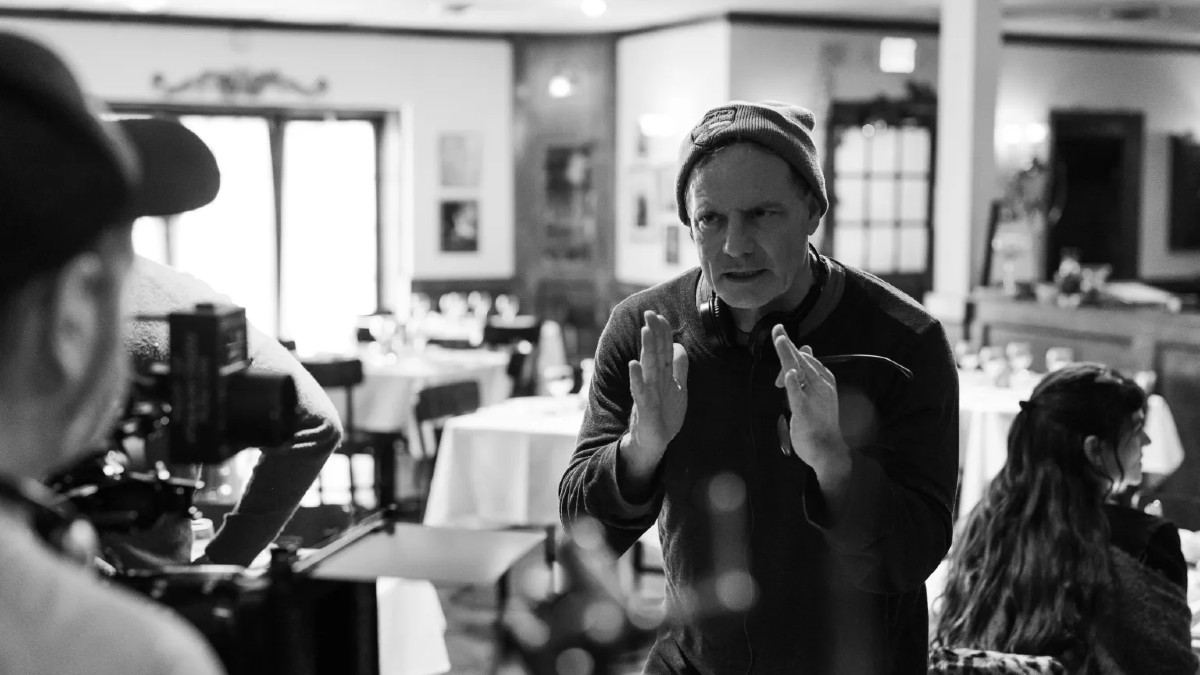 Dito Montiel directing on the set of 'Riff Raff' in black and white