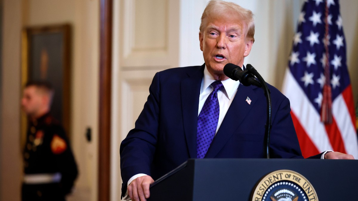 Donald Trump speaks in the East Room of the White House