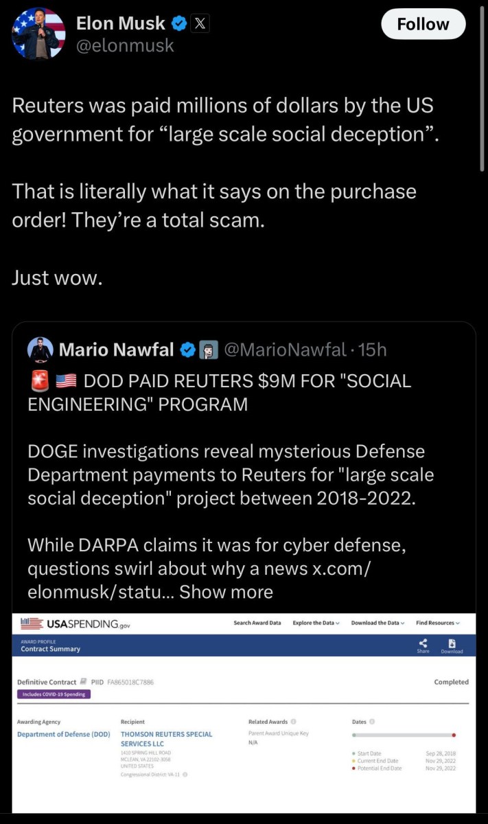 Elon Musk's X post on Reuters payment