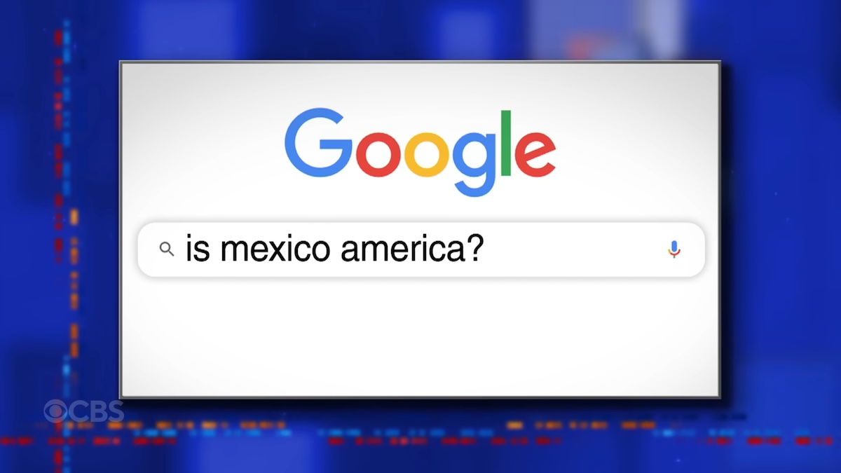 Image from The Late Show With Stephen Colbert of a google search saying "is mexico america"