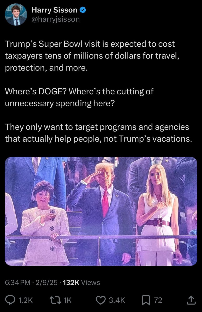 Harry Sisson X post about Donald Trump's Super Bowl visit