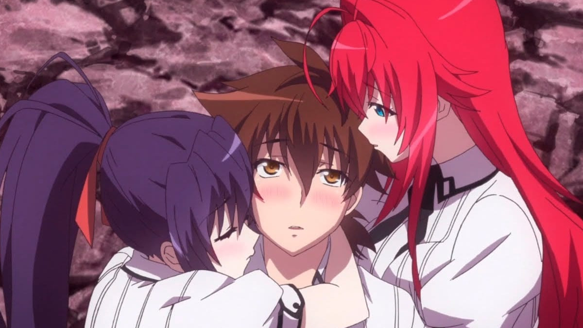 Issei, Rias, and Akeno embracing each other in 'High School DXD'