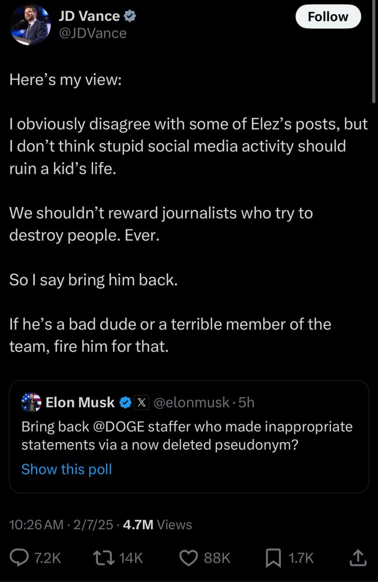 JD Vance X post defending Marko Elez