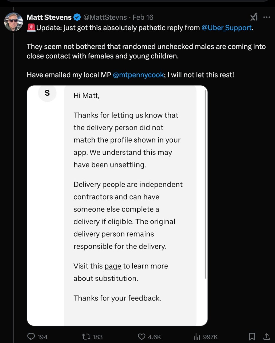 Matt Stevens X post about Uber Eats