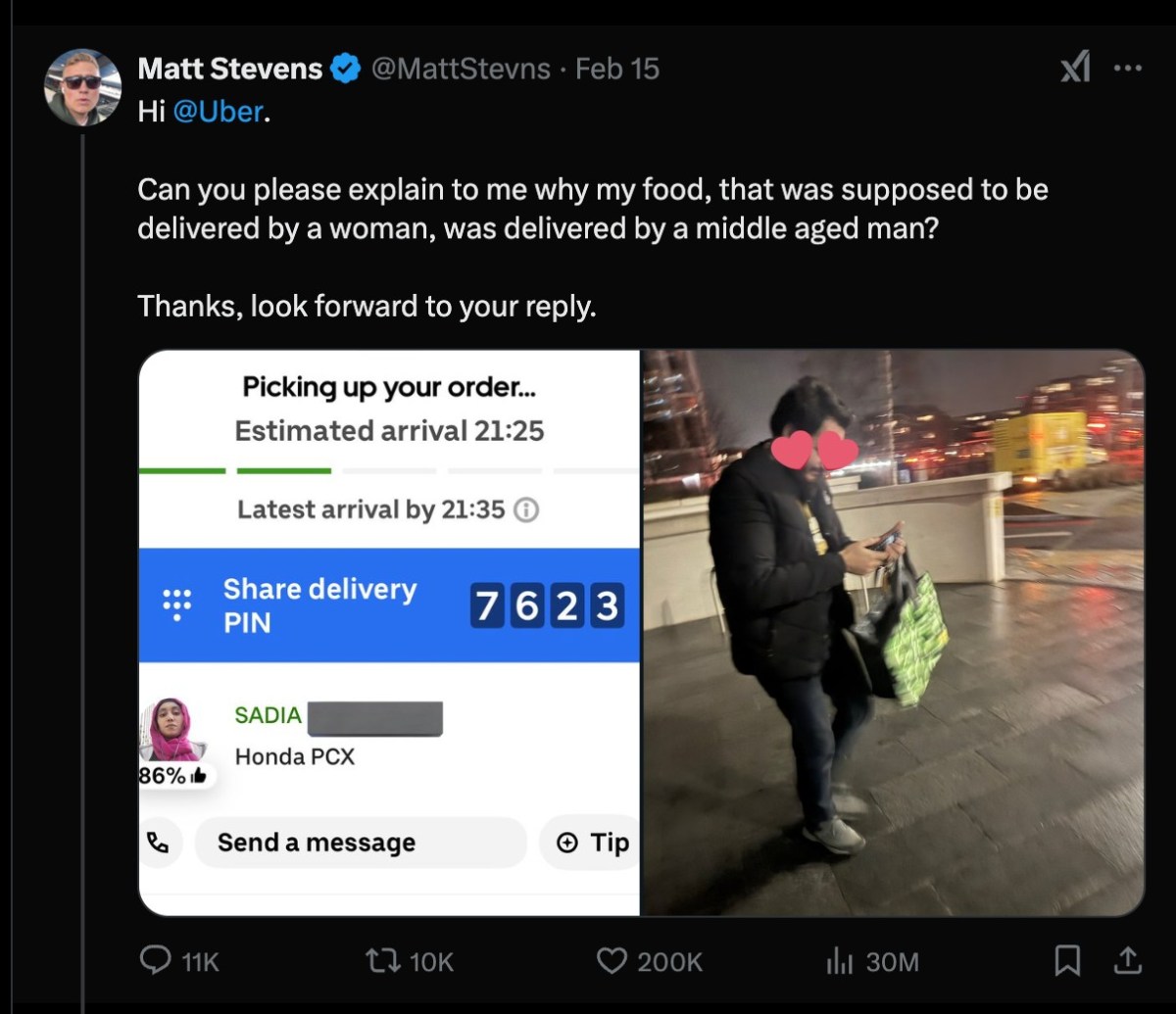 Matt Stevens X post about Uber Eats