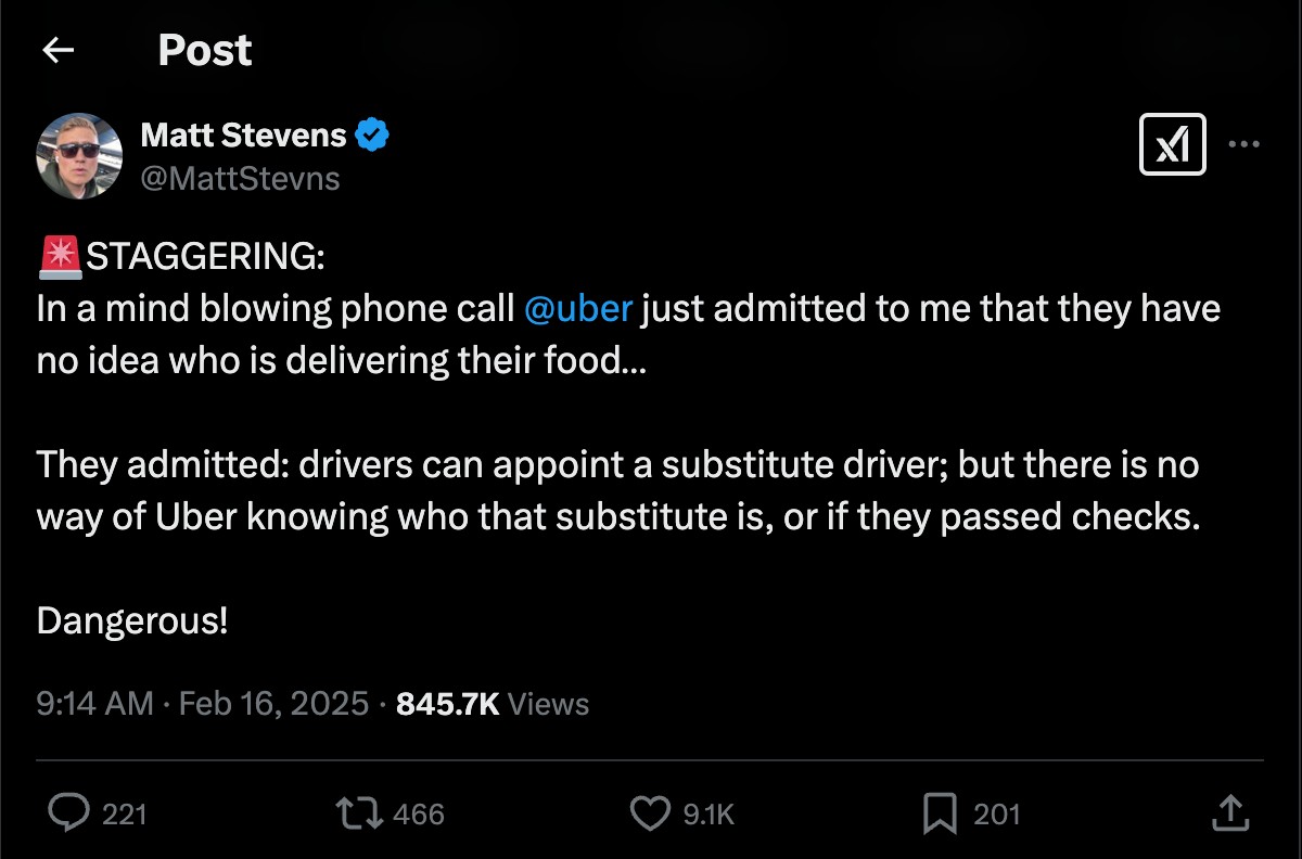 Matt Stevens X post about Uber Eats