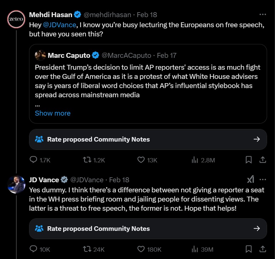 Mehdi Hasan and Vice President JD Vance clash on X about the free press