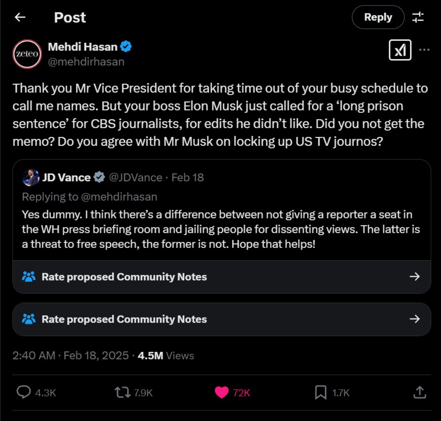 Mehdi Hasan and VP JD Vance shares a heated exchange over the free press on X