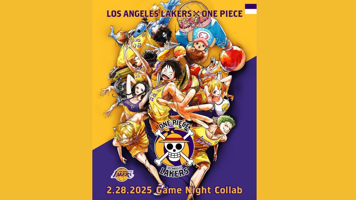 A poster featuring the 'One Piece' Straw Hat Pirates dressed in Los Angeles Lakers gear