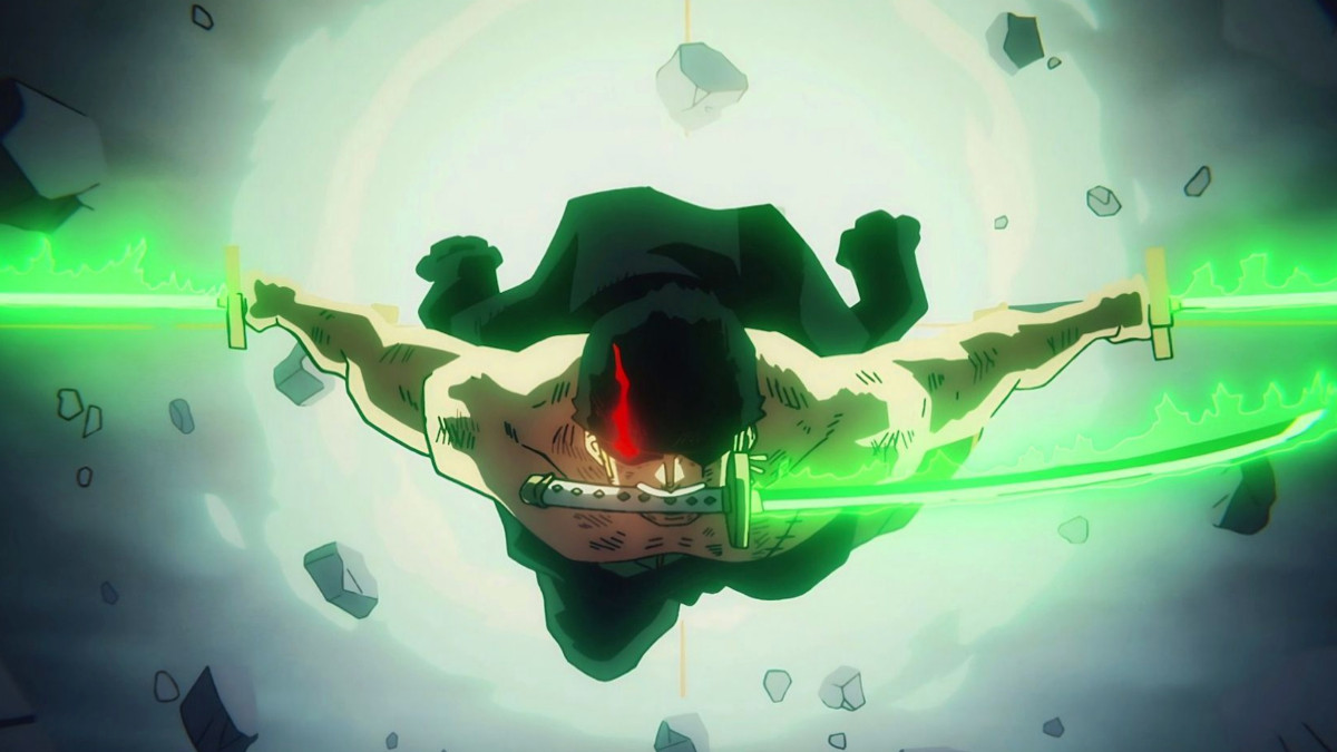 Roronoa Zoro in One Piece wielding his swords with green fire