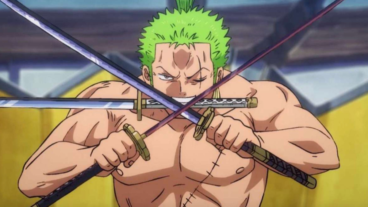 Roronoa Zoro in One Piece anime wielding three swords, one is in his mouth