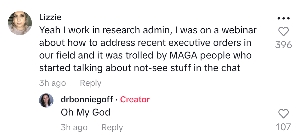 Screenshot of comments on Dr. Bonnie Groff's TikTok video