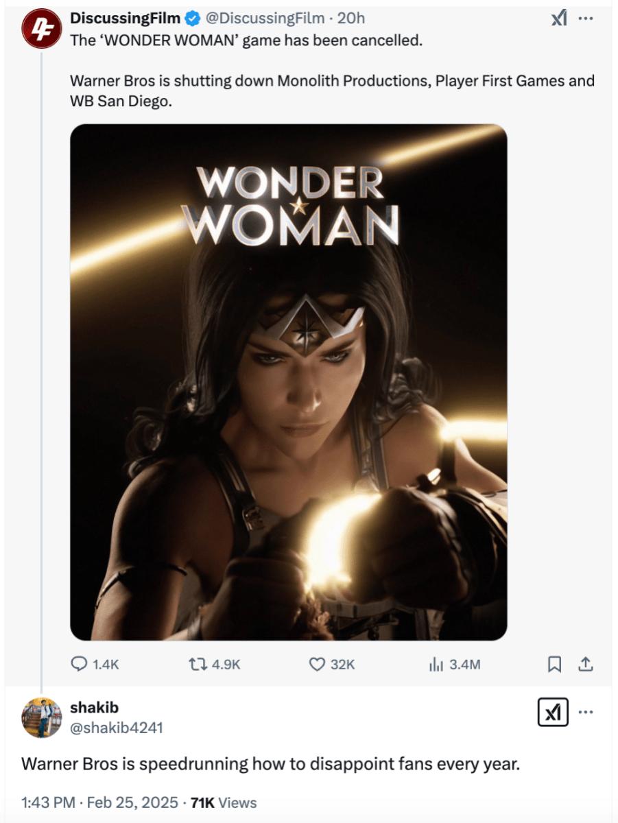 X post about Wonder Woman game cancelation