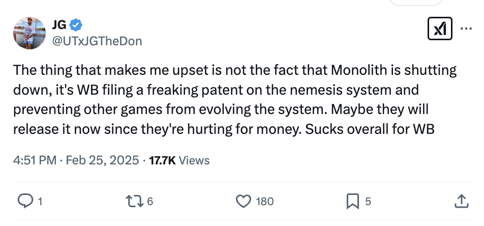X post about Wonder Woman game cancelation