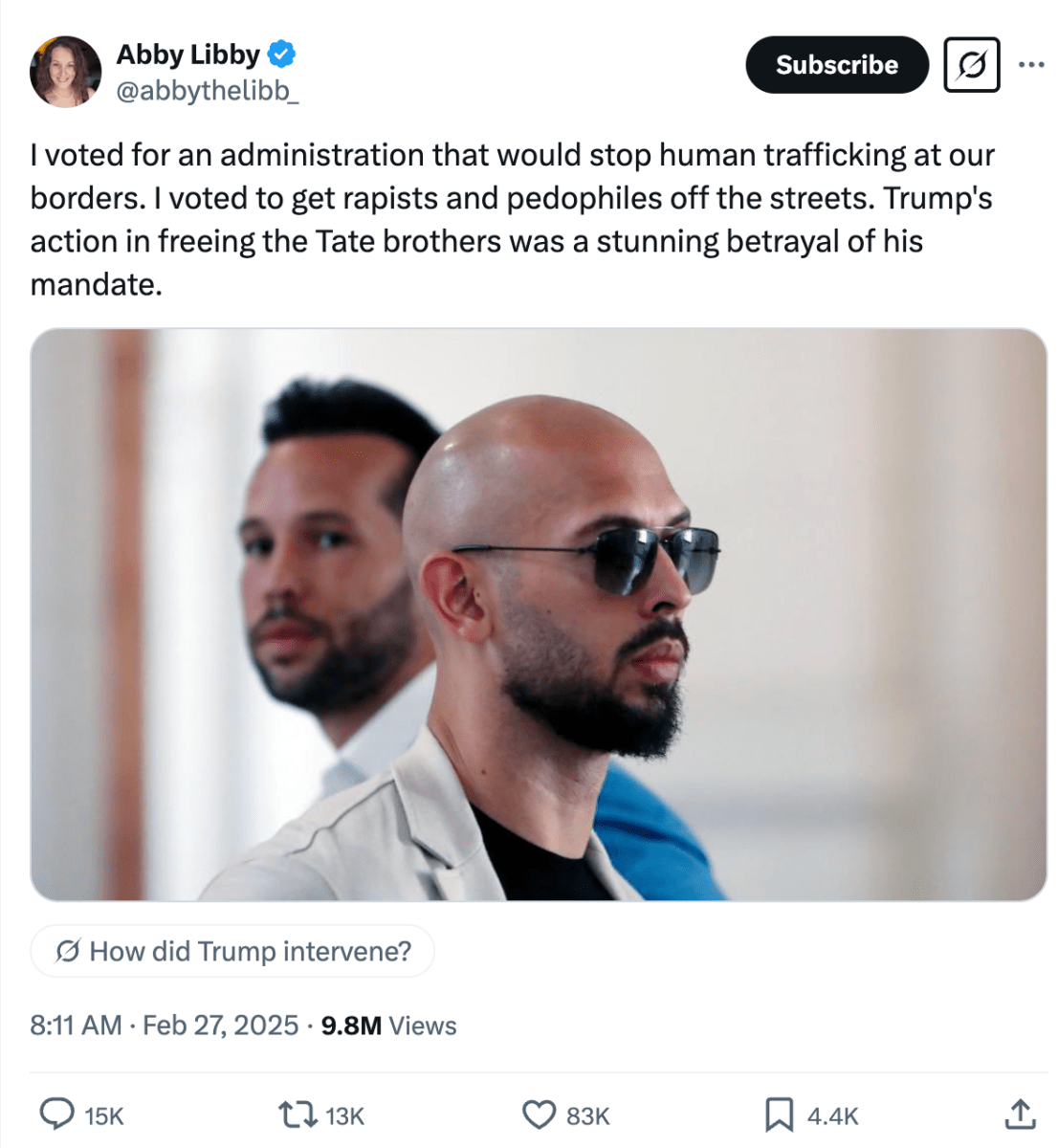 Abby Libby's X post about the Tates