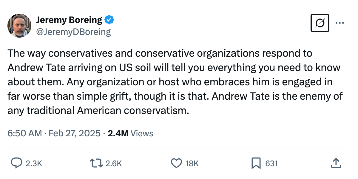Jeremy Boreing X post about the Tates